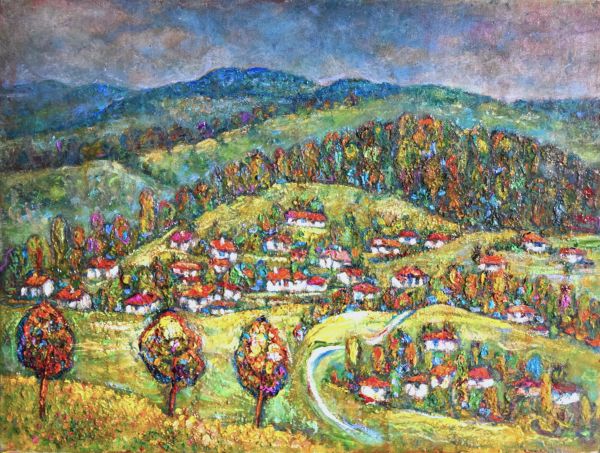 Лятна картина със село – „Сред хълмовете“
